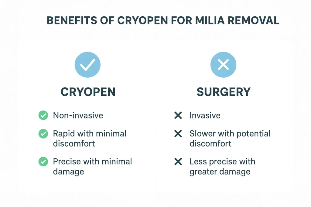 Benefits of cryopen for milia removal Broxbourne compared to surgical treatments.