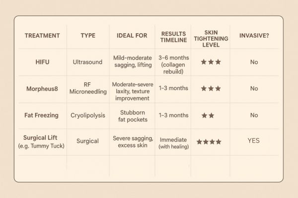 Table showing the comparisons of Skin tightening Broxbourne treatment options.